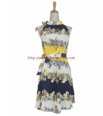 Summer Halterneck Floral Print Sleeveless Pleated Dresses With Belt For Women