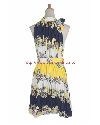 Summer Halterneck Floral Print Sleeveless Pleated Dresses With Belt For Women