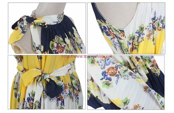 Summer Halterneck Floral Print Sleeveless Pleated Dresses With Belt For Women