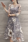 fashion & charming round neck 3/4 sleeve floral print see-trough women's dress