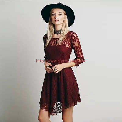 fashion round neck design long sleeve sexy lace women evening dress