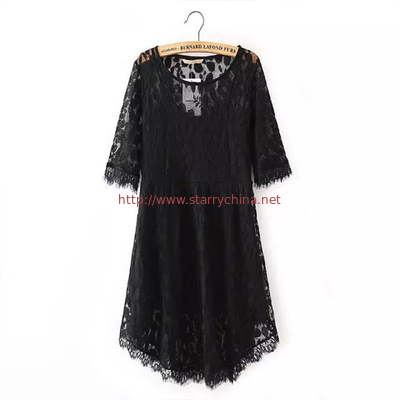 fashion round neck design long sleeve sexy lace women evening dress