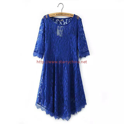 fashion round neck design long sleeve sexy lace women evening dress