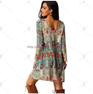 Ethnic Style Round Collar Tribal Print Tassel Women polyester Dress