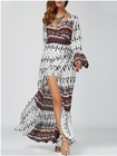 Ethnic Print High Slit Bell Sleeve Wrap Dress Bohemian beach long woman dress