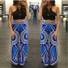 breathable loose cotton printed long blue trouser with elastic waist