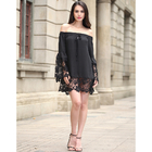 sexy flounce off shoulder lace trim chiffon ladies' black and white  tops wholesale women blouse with elastic band