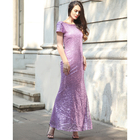 hot sale polyester short sleeve long women Bodycon evening beaded dress with gold sequin in red blue purple gray beige