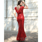 hot sale polyester short sleeve long women Bodycon evening beaded dress with gold sequin in red blue purple gray beige