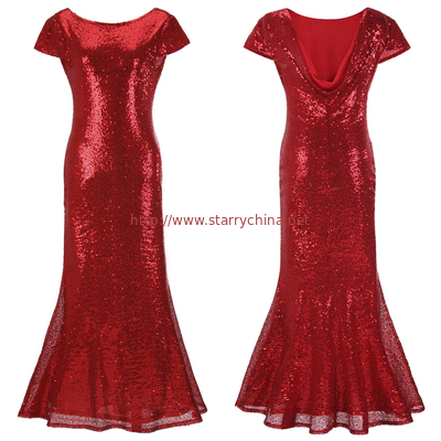 hot sale polyester short sleeve long women Bodycon evening beaded dress with gold sequin in red blue purple gray beige