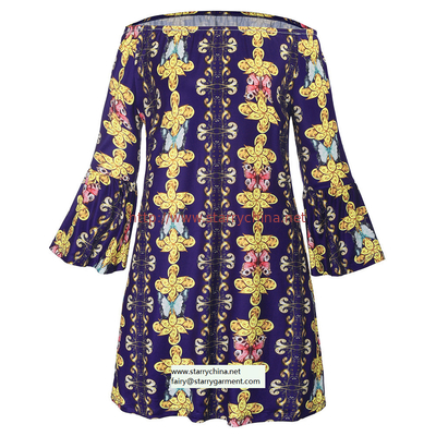 flower and phoenix patterns printed women fashion short dress with puff sleeve in off shoulder