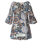 flower and phoenix patterns printed women fashion short dress with puff sleeve in off shoulder