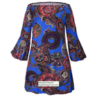 flower and phoenix patterns printed women fashion short dress with puff sleeve in off shoulder