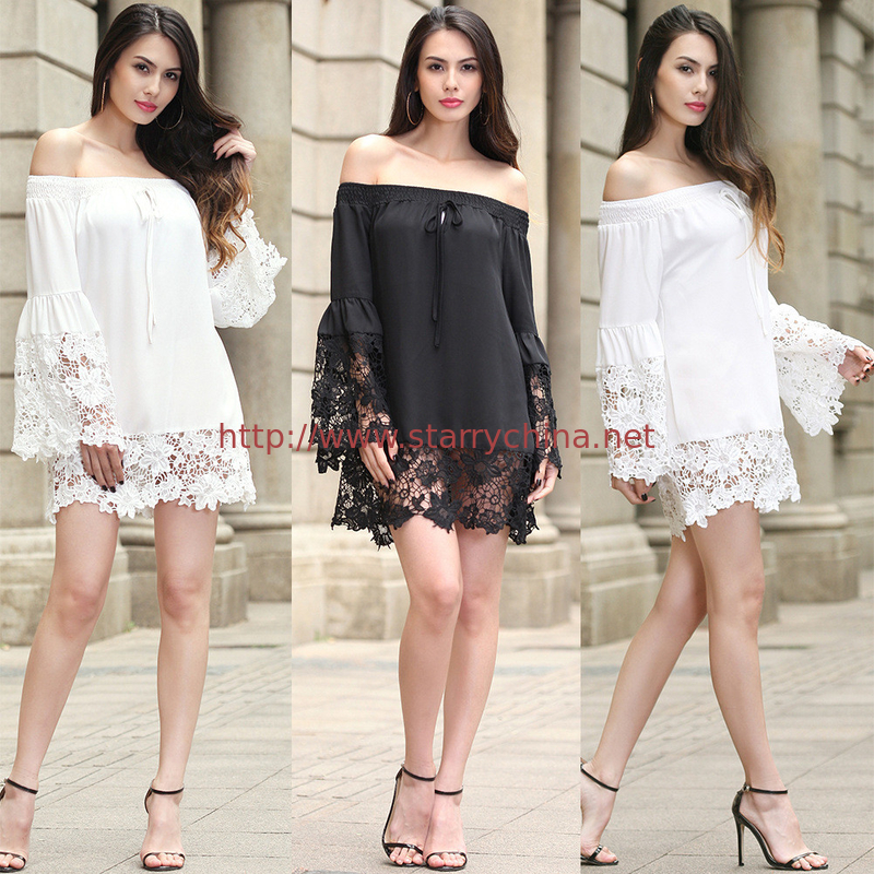 sexy flounce off shoulder lace trim chiffon ladies' black and white  tops wholesale women blouse with elastic band