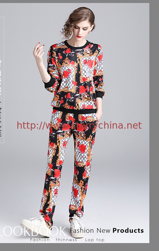 women print round-neck long-sleeve printed blouse + fashion casual suit
