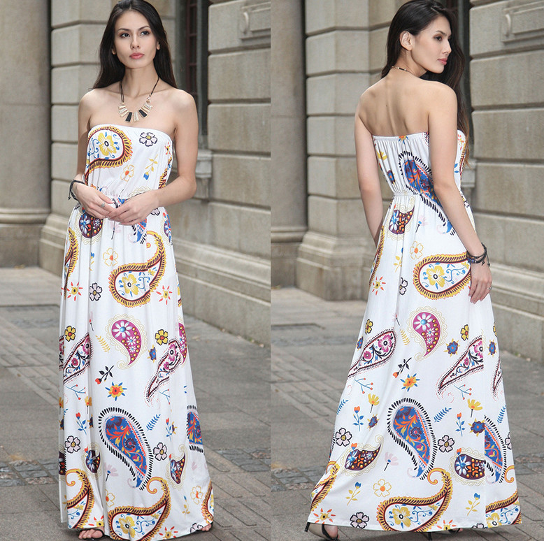 European-style fashion strapless printed long billowing skirt maxi sexy dress
